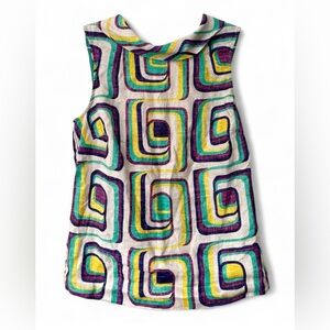 Boden Linen Geometric Colorful Sleeveless Blouse w/ Boat Neck and Button Back